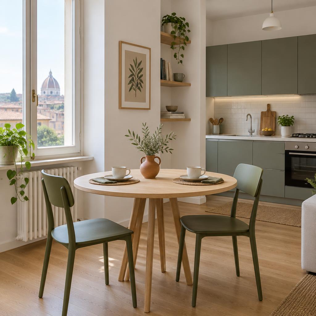 Una zona pranzo luminosa con cucina ordinata e tavola preparata per gli ospiti